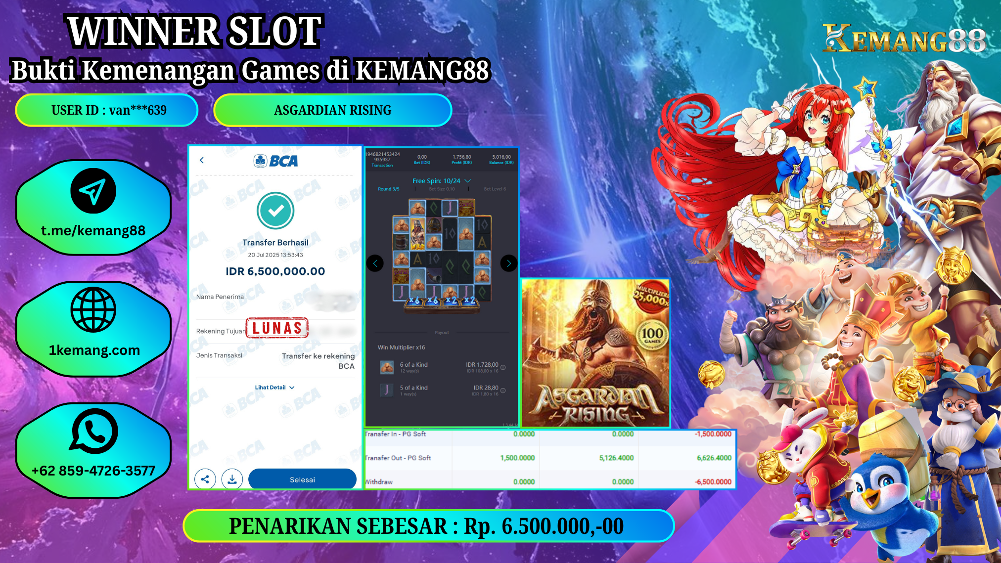 KEMANG88 [20 JULY 2025] : JACKPOT SLOT :  ASGARDIAN RISING [PG]  Rp.6.500.000.,- LUNAS